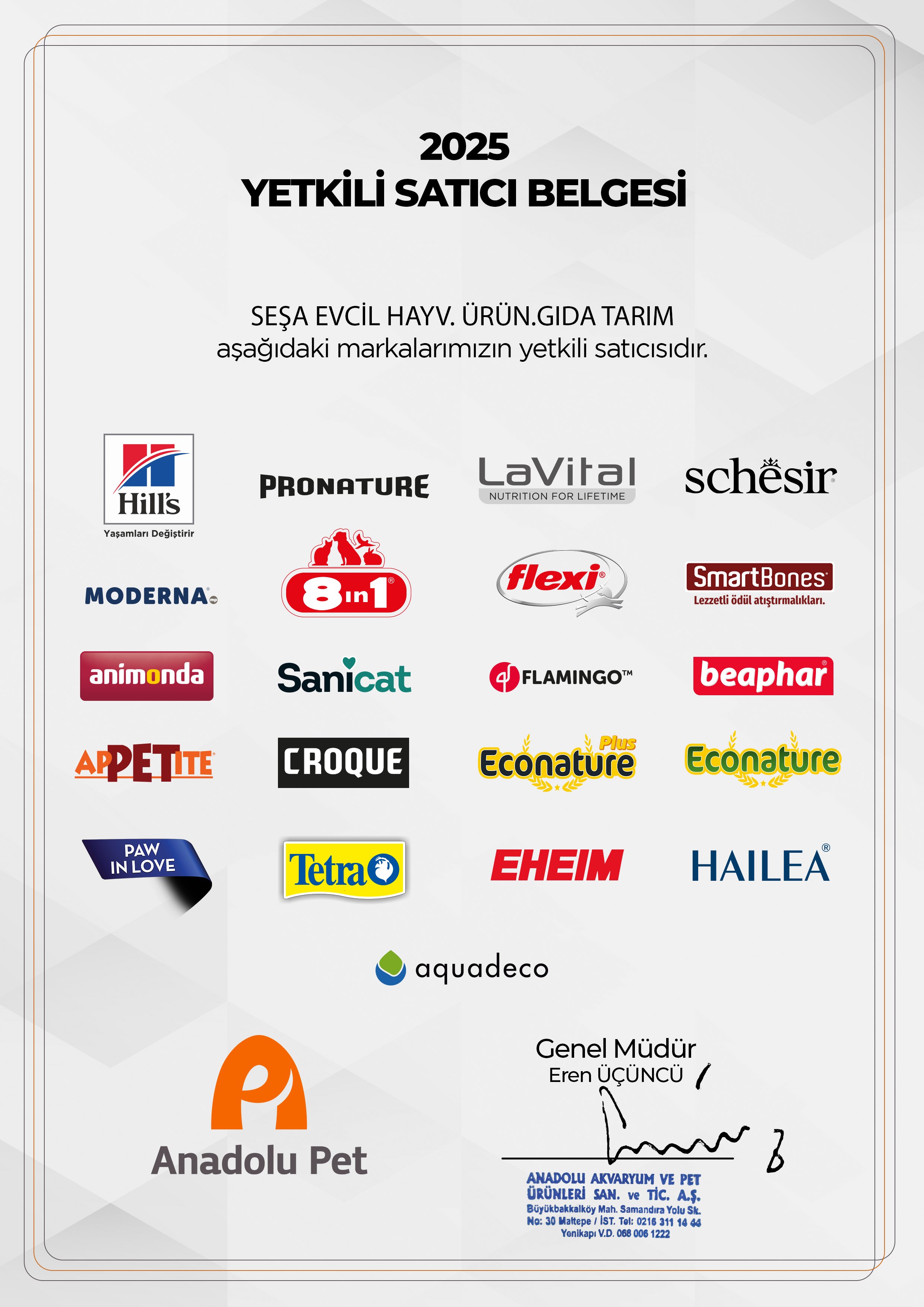 Anadolu Pet Yetkili Satıcı Belgesi